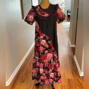 Vintage RIM cotton colorful floral Hawaii Mumu ruffle tiered maxi dress, sz 10